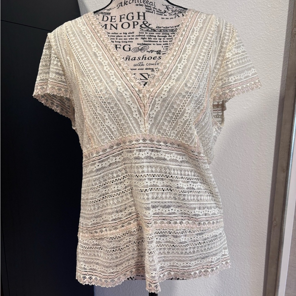 Banana Republic Cream Lace V-Neck Blouse, large